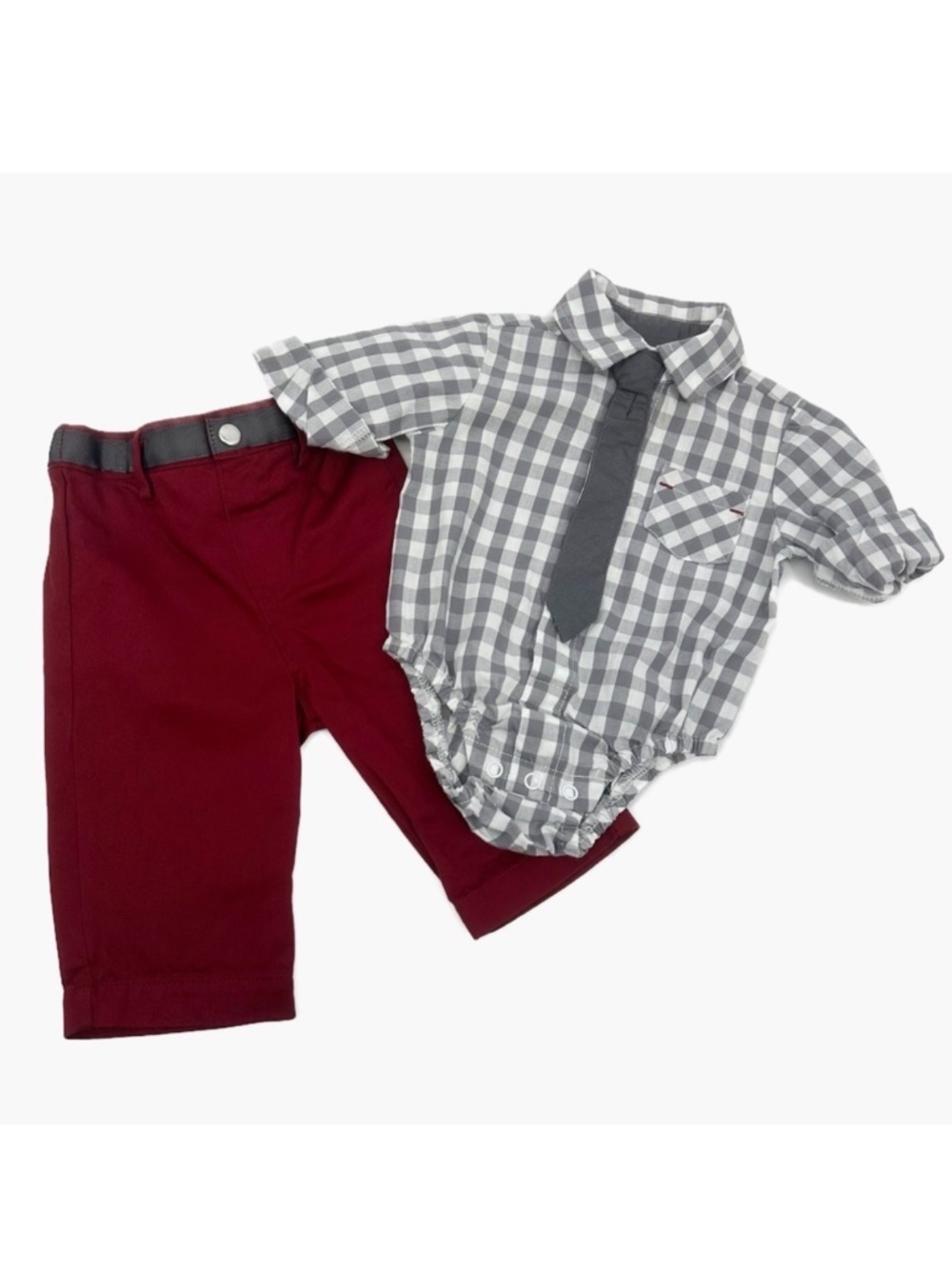 Baby Boys Dressy Outfit Set Babyrageous Plaid Bodysuit Shirt & Burgundy Pants 3M